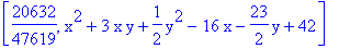 [20632/47619, x^2+3*x*y+1/2*y^2-16*x-23/2*y+42]